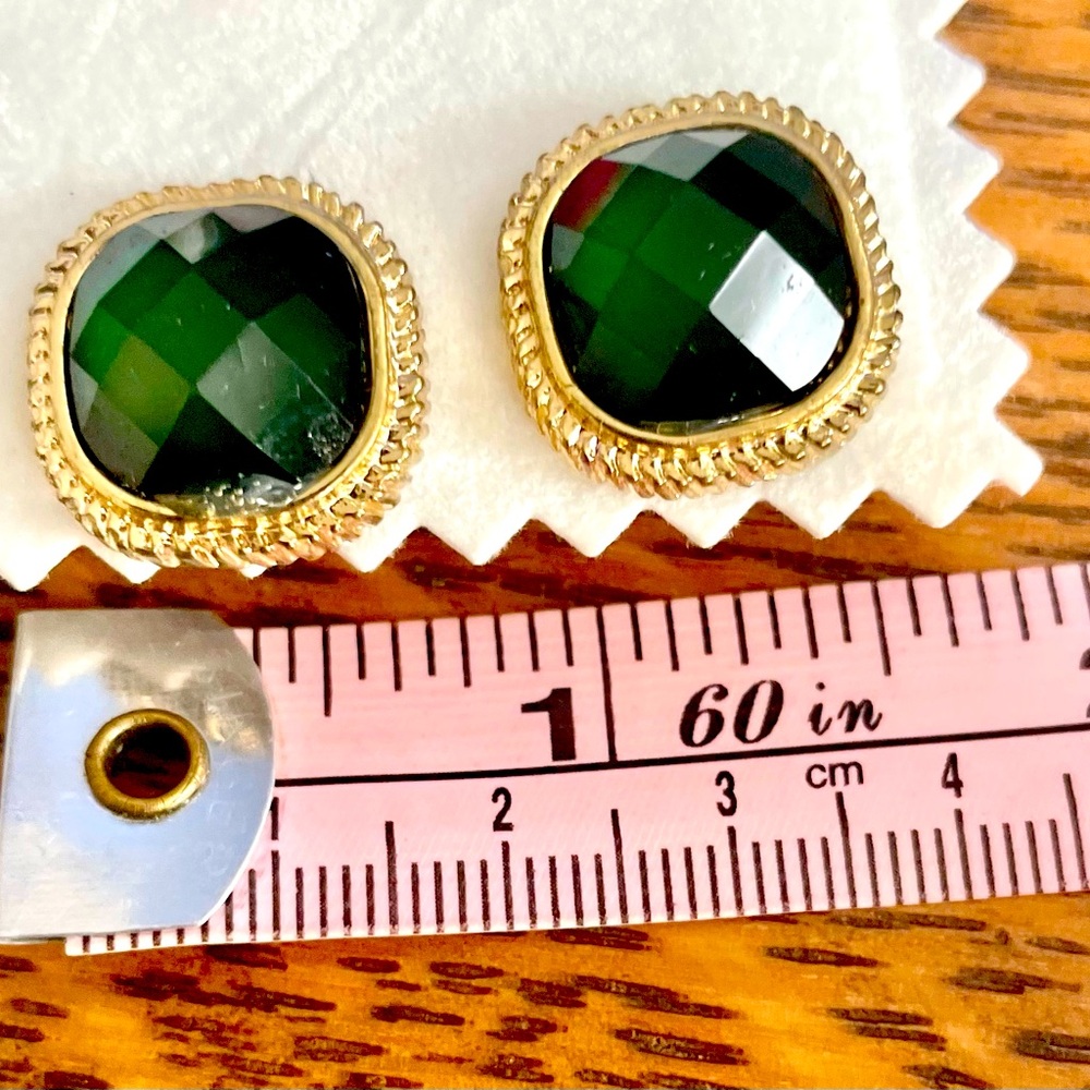 Green Beveled Emerald Like Square Earrings with Gold Trim